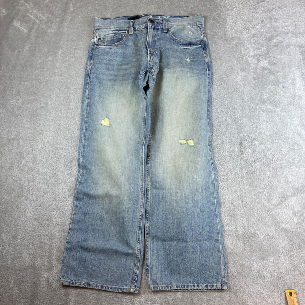Helix Jeans Men 29x30 (Fits 32x30) Loose Straight Whiskered Faded Blue Denim